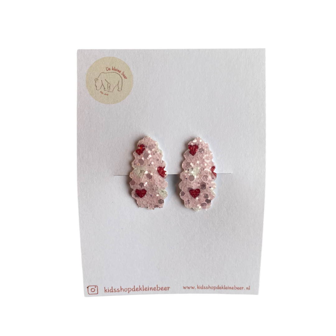 Haarspeldjes roze/wit met rode hartjes