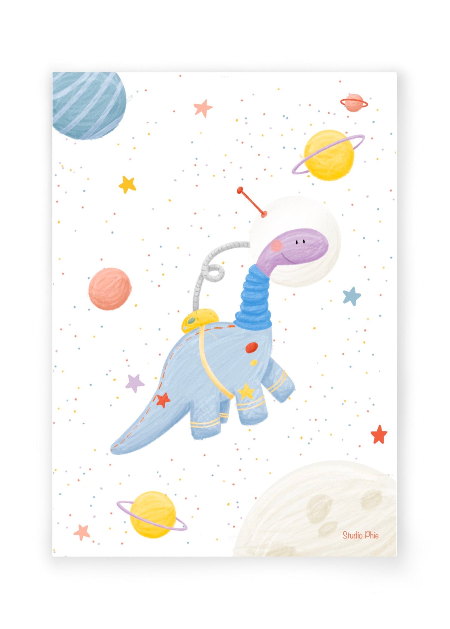 Wenskaart dino astronaut